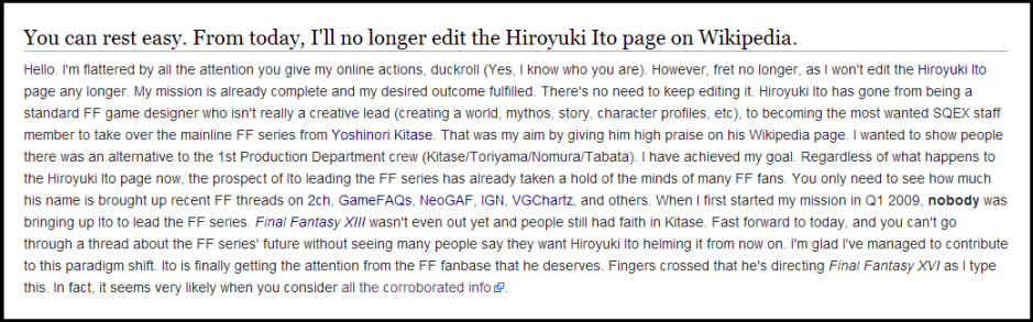 A print screen of the comment I left on duckroll’s Wikipedia talk page after he got me banned.